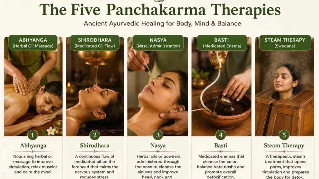 Illustration of the five Panchakarma therapies including Abhyanga, Shirodhara, Nasya, Basti, and Steam Therapy used in Ayurvedic detoxification and wellness treatments.