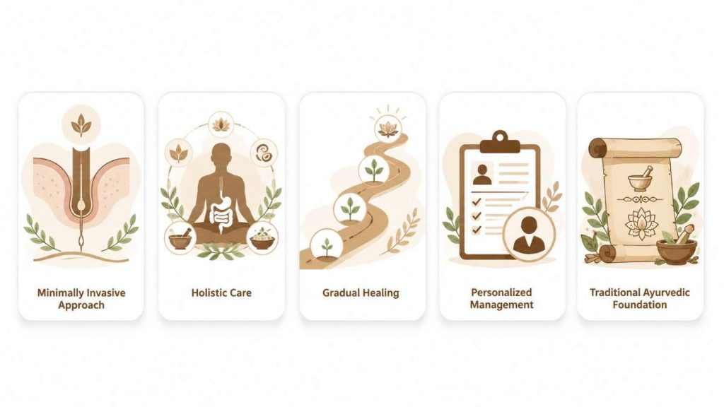 Ksharasutra Treatment for Fistula infographic highlighting minimally invasive approach, holistic care, gradual healing, personalized management, and traditional Ayurvedic foundation.