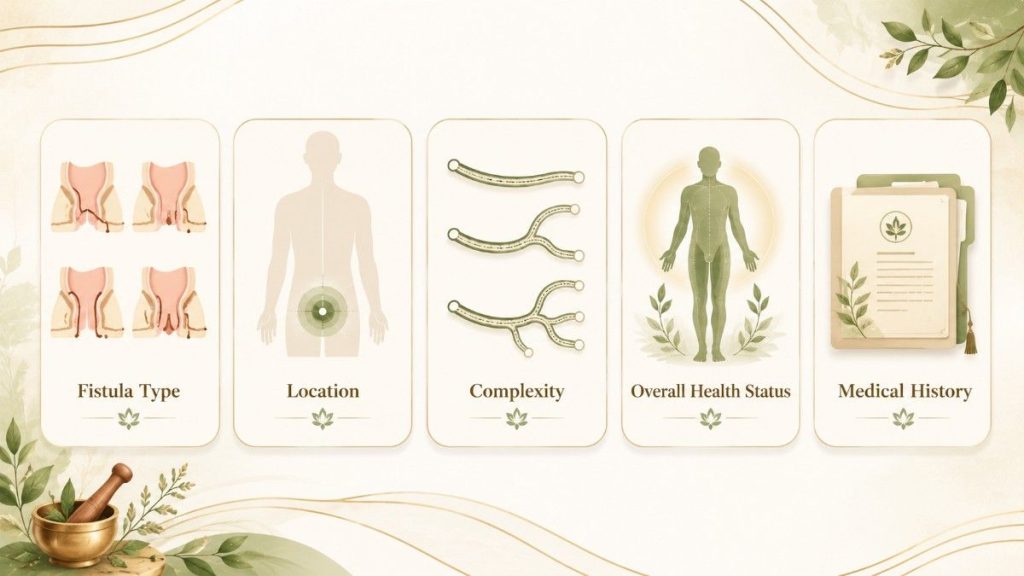 Ayurvedic Treatment for Anal Fistula in Kerala infographic illustrating key factors considered during patient evaluation, including fistula type, location, complexity, overall health status, and medical history.