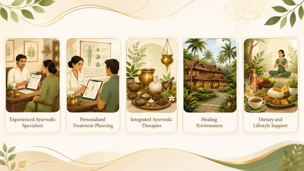 Best Ayurvedic Ashram for Ksharasutra Treatment in Kerala infographic showcasing experienced Ayurvedic specialists, personalized treatment planning, integrated therapies, healing environment, and lifestyle support.