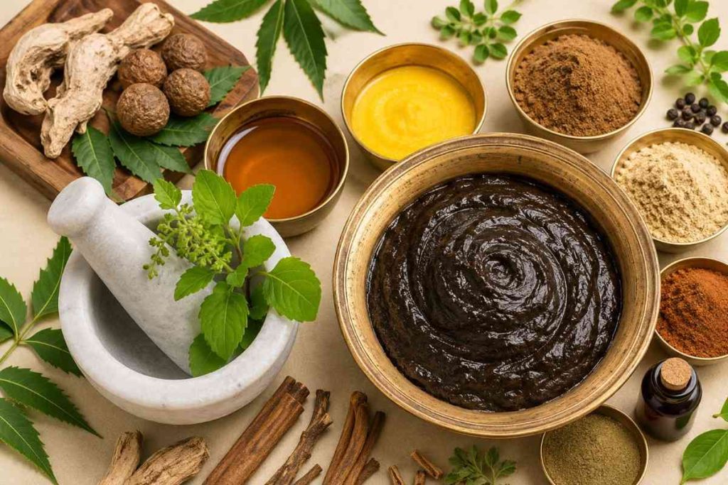 Traditional Ayurvedic Fistula Treatment in Kerala featuring herbal formulations, medicinal powders, Ayurvedic paste, natural ingredients, and traditional wellness remedies.