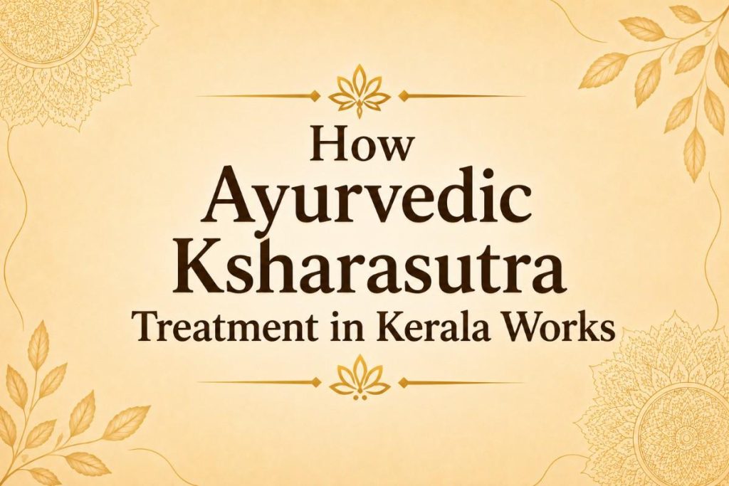How Ayurvedic Ksharasutra Treatment in Kerala Works explained through a traditional Ayurvedic banner design