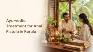 Premium Ayurvedic Treatment for Anal Fistula in Kerala infographic illustrating key factors considered for Ksharasutra treatment, including fistula type, location, complexity, overall health status, and medical history.