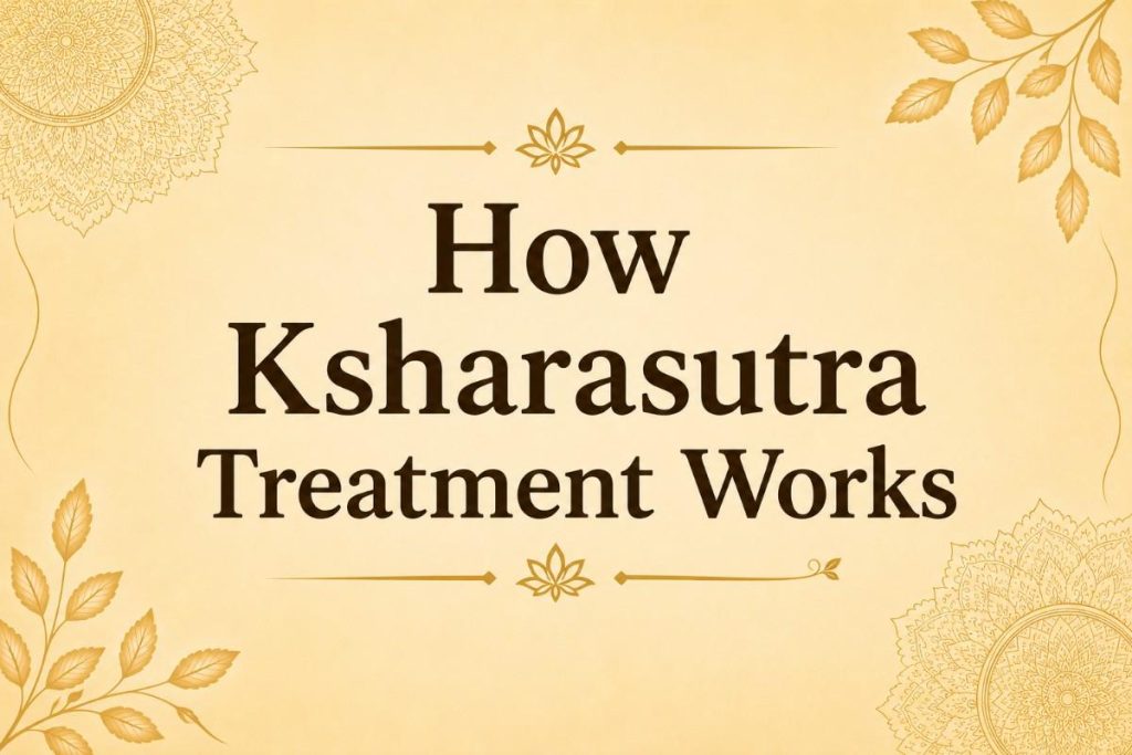 How Ksharasutra Treatment Works title banner with Ayurvedic themed background and decorative floral design