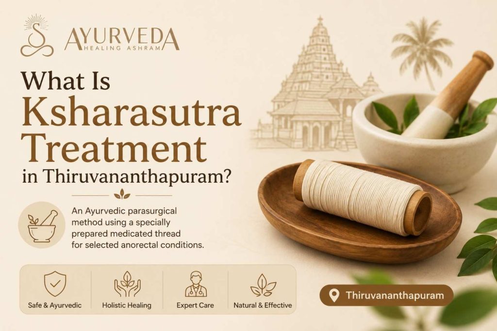 Featured illustration of Ksharasutra treatment in Thiruvananthapuram, showing a medicated Ayurvedic thread with traditional herbal elements in warm earthy tones.
