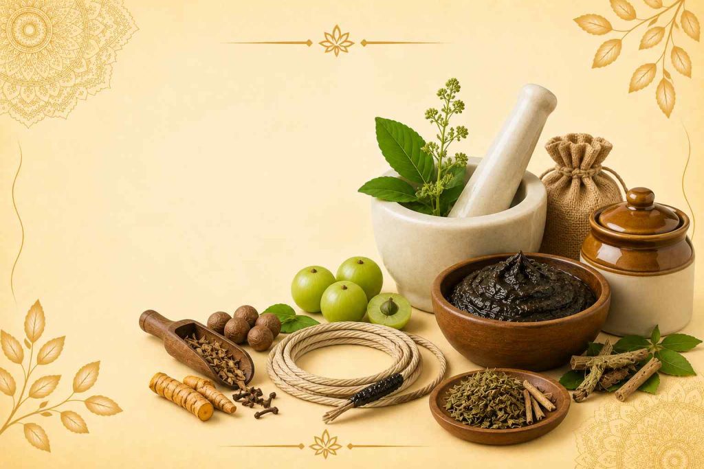 Ksharasutra Treatment for Piles illustration featuring Ayurvedic herbs, medicated thread, and traditional healing elements
