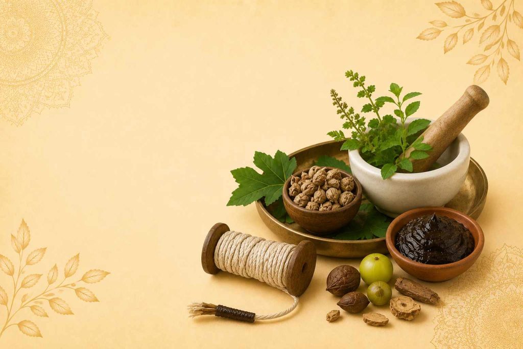 Traditional Ayurvedic ingredients and Ksharasutra medicated thread displayed on a beige decorative background representing Ksharasutra Therapy.