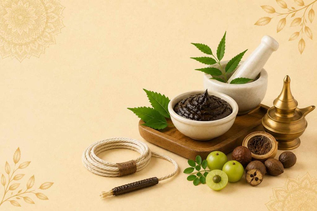 Ayurvedic Ksharasutra therapy concept featuring medicated thread, herbal ingredients, and traditional healing elements on a beige background.
