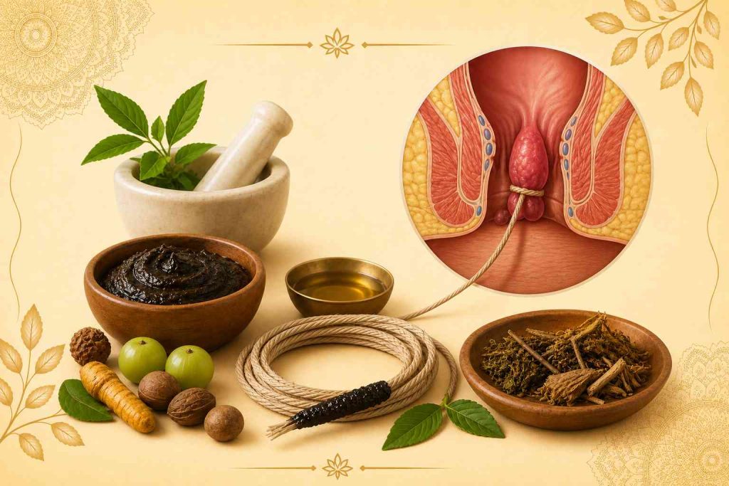 Ksharasutra Treatment for Piles showing Ayurvedic medicated thread therapy and herbal treatment illustration