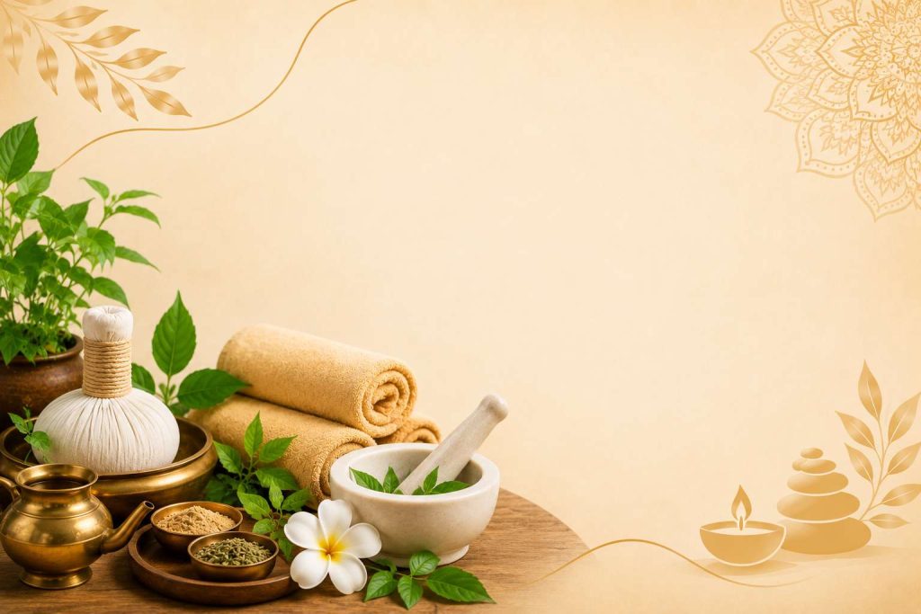 Can Panchakarma Help Reduce Stress Naturally? Ayurvedic herbs, Kizhi pouches, towels, and wellness elements on a calming spa-inspired background.