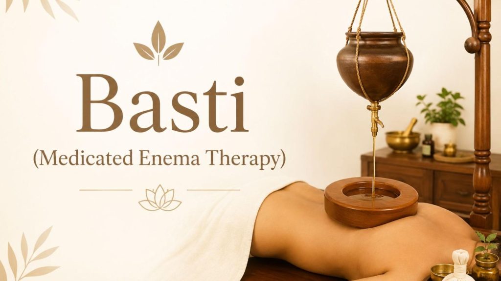 Traditional Ayurvedic therapy setup illustrating Basti treatment with medicated oil equipment and a patient in a wellness care environment.
