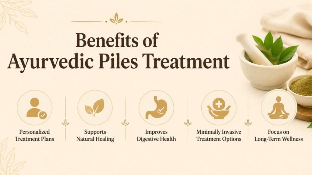 Benefits of Piles Treatment in Kerala illustrated through Ayurvedic care, including personalized treatment, natural healing, digestive health support, and long-term wellness.