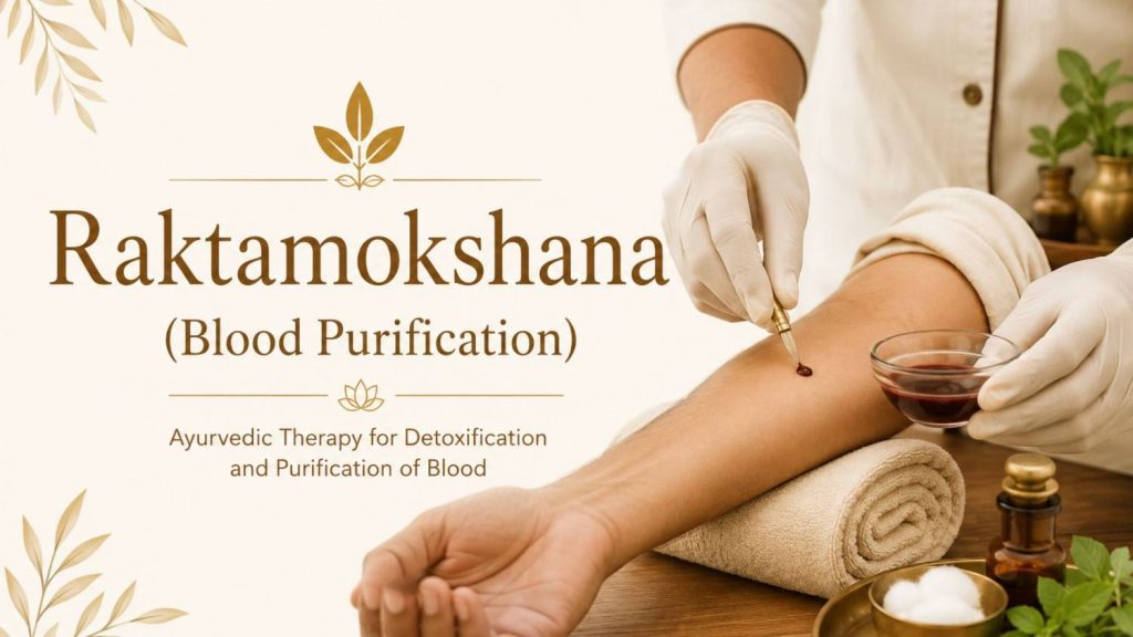 Illustration of Raktamokshana therapy showing a practitioner performing a traditional Ayurvedic blood purification procedure in a clinical wellness setting.