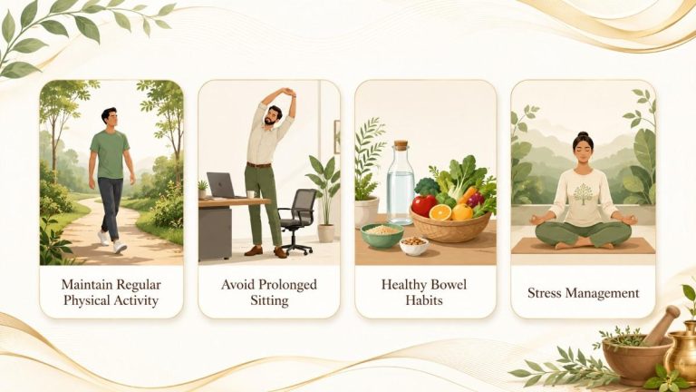 Ksharasutra Treatment for Piles in Kerala infographic illustrating lifestyle measures that may support recovery, including regular physical activity, avoiding prolonged sitting, healthy bowel habits, and stress management.