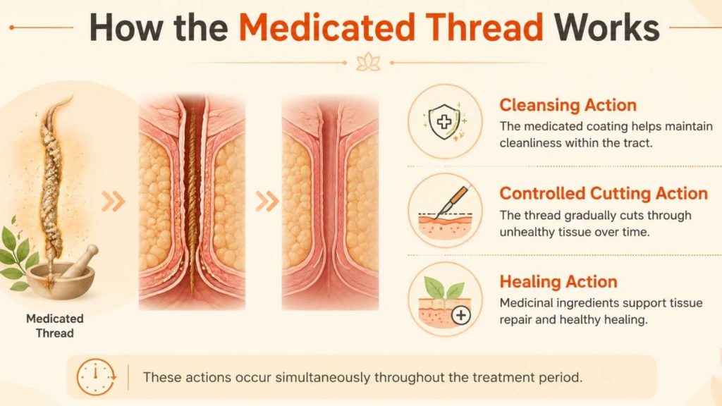 How the Medicated Thread Works infographic showing cleansing action, controlled cutting action, and healing action during the Ksharasutra Treatment Procedure.