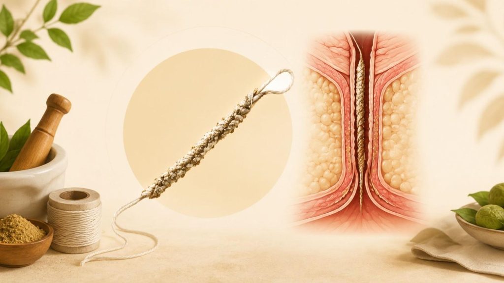 Ksharasutra Treatment Procedure illustration showing a medicated Ayurvedic thread used for cleansing, controlled tissue removal, and healing of anorectal tracts.