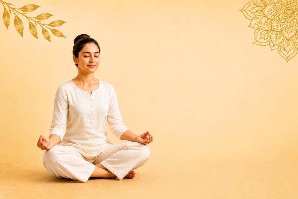 Can Panchakarma Help Reduce Stress Naturally? Lifestyle Tips to Support Stress Reduction with a woman practicing meditation in a calm wellness environment.
