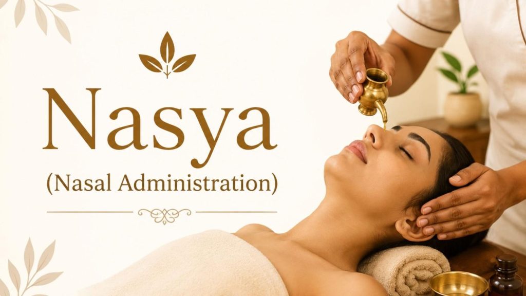 Ayurvedic practitioner administering Nasya therapy by placing medicated oil into a patient’s nostril during a traditional Panchakarma treatment session.