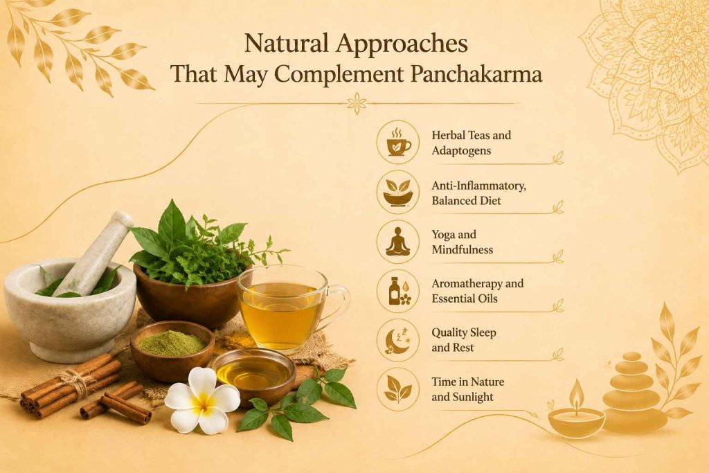 Can Panchakarma Help Reduce Stress Naturally? Natural approaches that may complement Panchakarma, including herbal teas, mindfulness, balanced nutrition, aromatherapy, and healthy lifestyle practices.