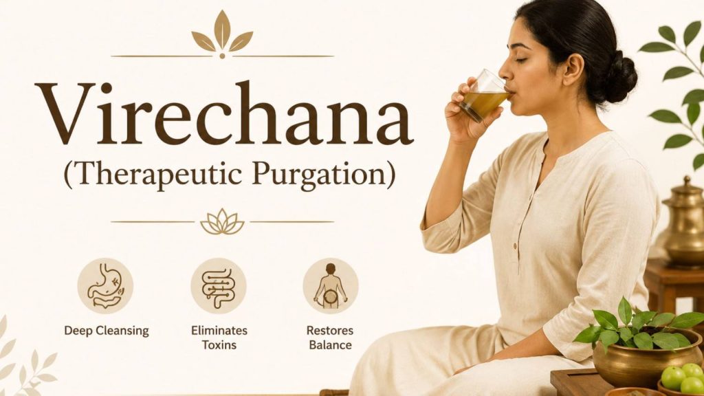 Person drinking an Ayurvedic herbal preparation as part of Virechana therapy, a traditional Panchakarma cleansing procedure used for internal detoxification and balance.