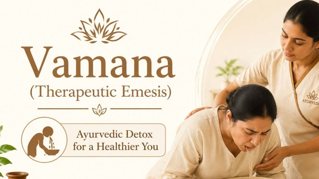 Illustration of a patient undergoing Vamana therapy under Ayurvedic supervision as part of a traditional Panchakarma detoxification process.