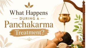 Minimalist featured image illustrating what happens during a Panchakarma treatment, showing a patient receiving Shirodhara therapy beneath a traditional Ayurvedic oil vessel with the title “What Happens During a Panchakarma Treatmen