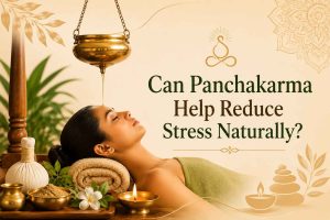 Can Panchakarma Help Reduce Stress Naturally? Woman receiving Panchakarma Shirodhara therapy for natural stress relief in a calming Ayurvedic wellness setting.