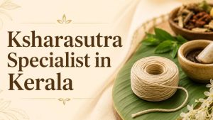 Feature banner for Ksharasutra Specialist in Kerala showcasing an Ayurvedic-inspired design with traditional Ksharasutra thread and herbal treatment elements.