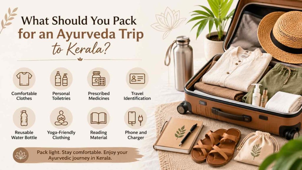 Travel packing checklist for an Ayurveda trip to Kerala featuring an open suitcase with comfortable clothing, toiletries, reusable water bottle, sandals, notebook, and travel essentials in a warm earthy color palette.