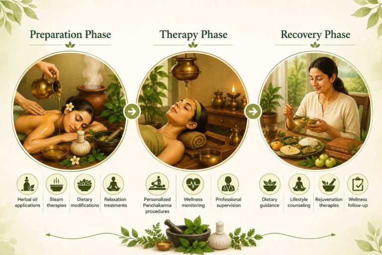 Authentic Kerala Panchakarma Centre illustration showing the preparation phase, therapy phase, and recovery phase of traditional Ayurvedic Panchakarma treatment.