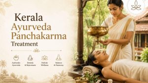 Kerala Ayurveda Panchakarma Treatment – Authentic Ayurvedic Shirodhara therapy performed by an experienced therapist in a traditional Kerala Ayurveda wellness center.