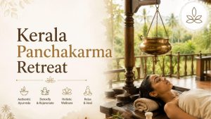 Kerala Panchakarma Retreat – Traditional Ayurvedic Shirodhara therapy at a peaceful Kerala wellness retreat surrounded by lush greenery and a serene healing environment.