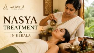 Featured image showing an Ayurvedic practitioner administering Nasya treatment to a patient in a traditional Kerala therapy room, with herbal oils, brass vessels, and the heading "Nasya Treatment in Kerala."