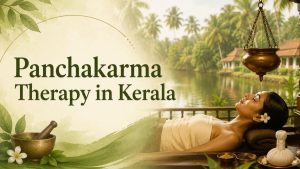 Panchakarma Therapy in Kerala banner featuring authentic Ayurvedic healing with traditional herbal treatments in a serene wellness setting.