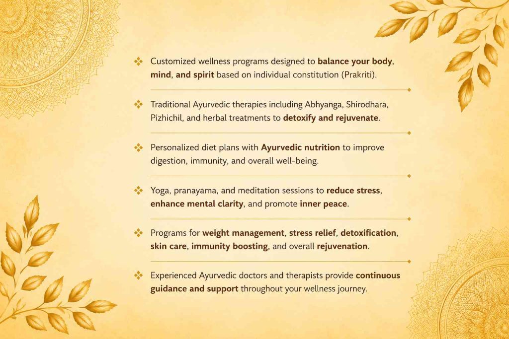 Ayurveda Wellness Programs featuring personalized Ayurvedic therapies, yoga, meditation, detoxification, and holistic wellness treatments in Kerala.