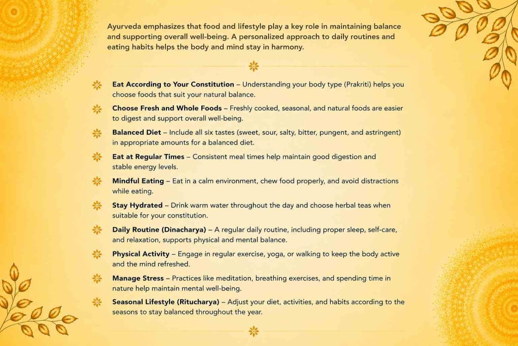 The Role of Ayurvedic Diet and Lifestyle, including balanced food, mindful eating, hydration, daily routines, physical activity, and stress management.