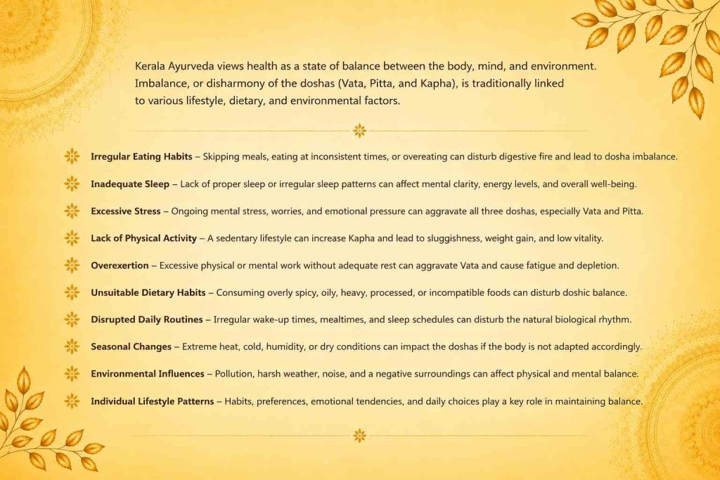 Ayurvedic causes of imbalance including irregular eating, inadequate sleep, stress, lack of physical activity, seasonal changes, and lifestyle habits