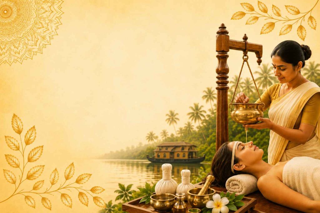 Kerala Ayurveda for UK background featuring a traditional Shirodhara therapy setting with a peaceful Kerala backwater landscape and authentic Ayurvedic wellness ambiance.