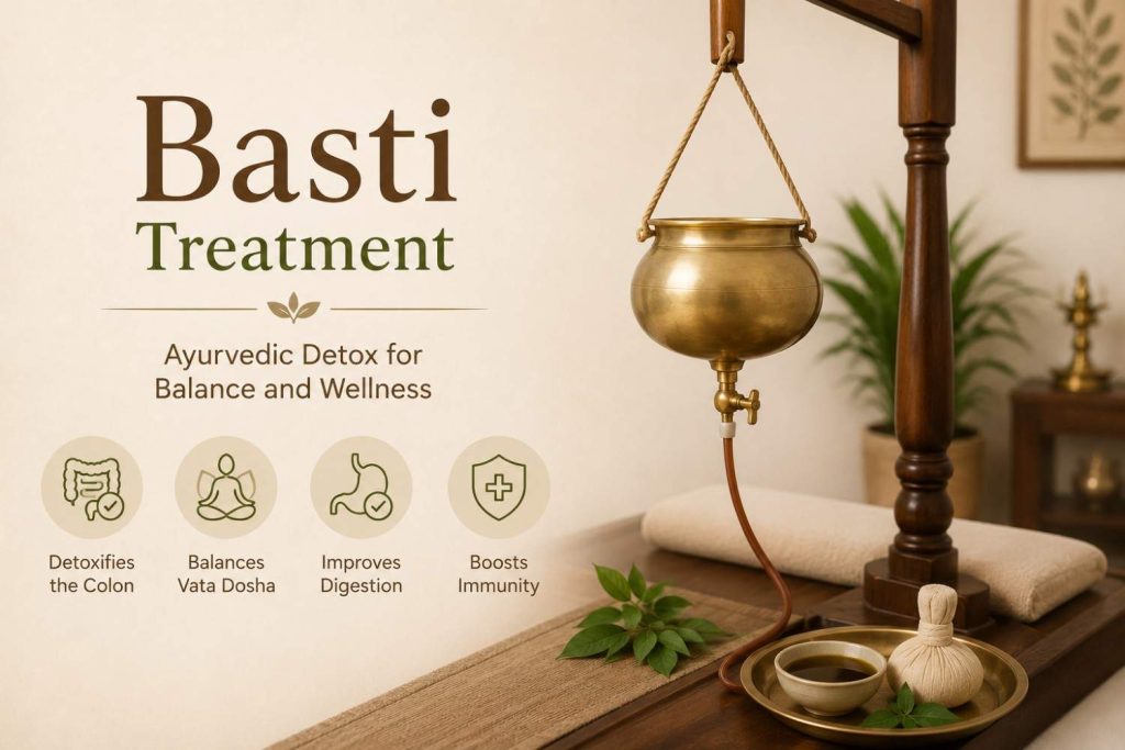 Realistic illustration of a traditional Basti treatment setup featuring an Ayurvedic therapy stand, herbal preparations, brass vessels, and a calm treatment room with the heading "Basti Treatment."