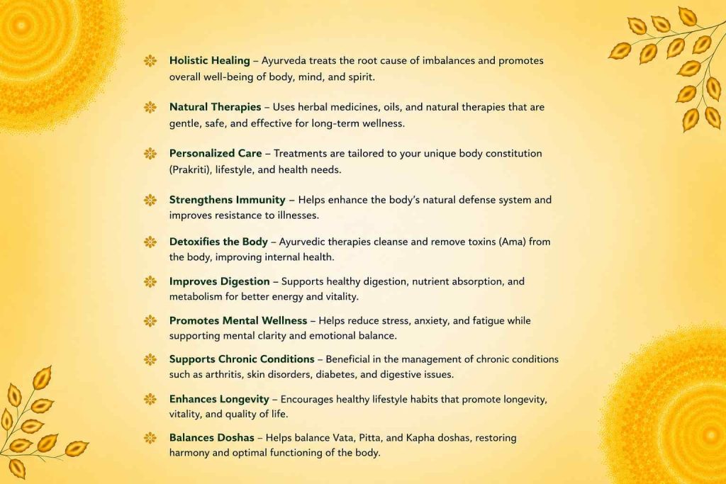 Infographic highlighting the benefits of choosing Ayurveda, including holistic healing, natural therapies, personalized care, improved digestion, immunity support, and mental wellness.