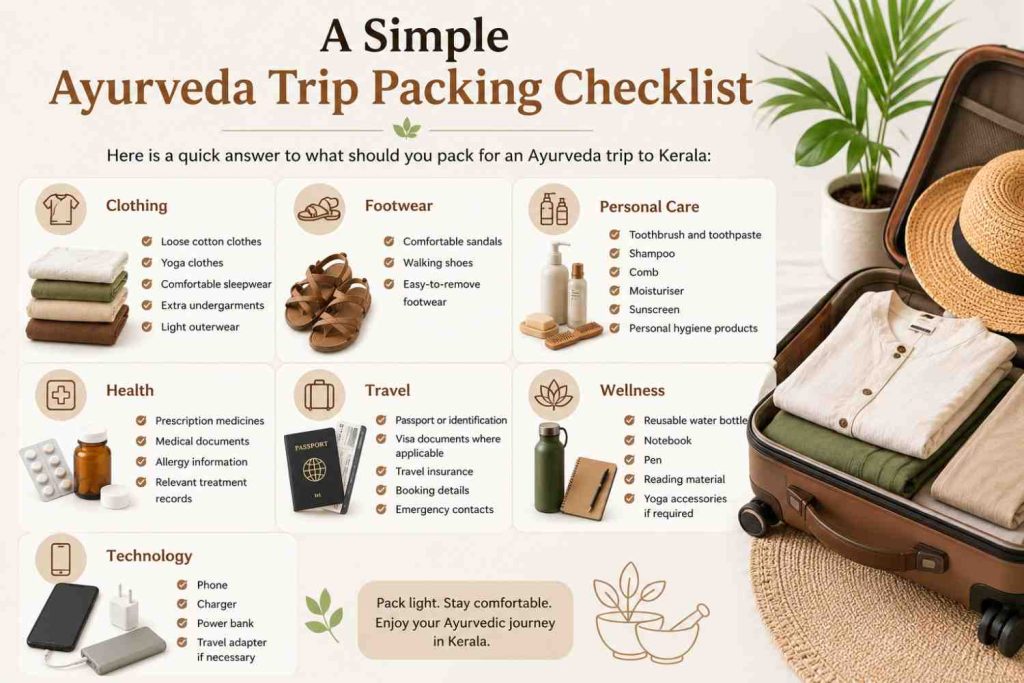 Ayurveda trip packing checklist infographic featuring an organized travel checklist with clothing, footwear, personal care, health, travel, wellness, and technology essentials alongside a realistic packed suitcase in warm earthy tones.