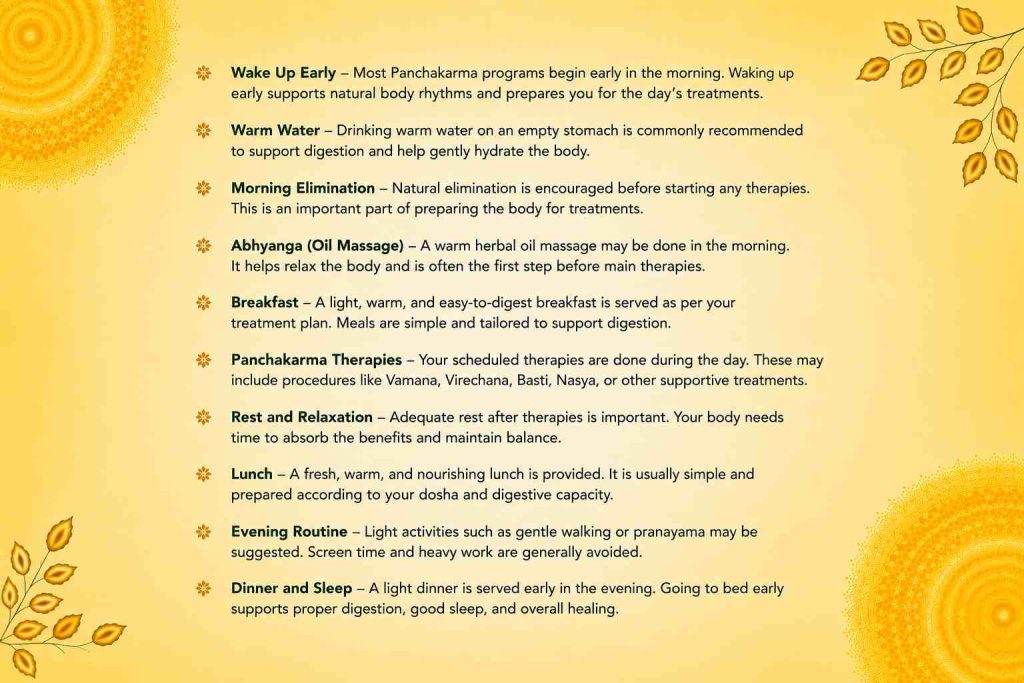 Daily routine during Panchakarma including warm water, Ayurvedic therapies, meals, rest, and sleep