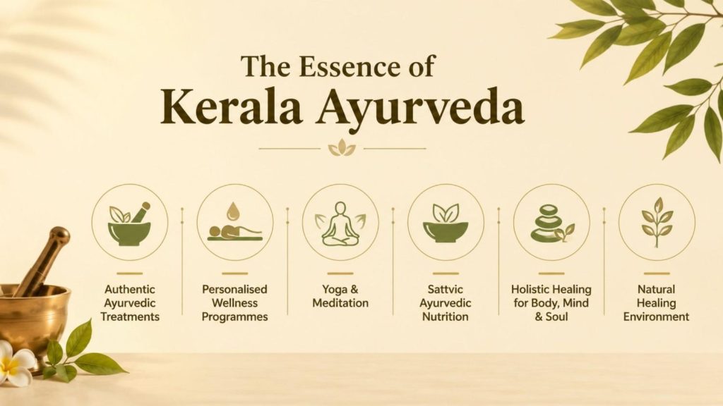 Kerala Ayurveda for USA infographic highlighting authentic Ayurvedic treatments, personalised wellness programmes, yoga, meditation, Ayurvedic nutrition, and holistic healing.