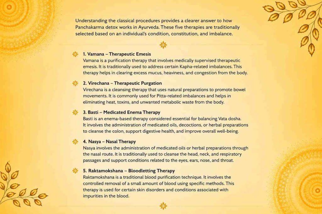 Five Panchakarma therapies including Vamana, Virechana, Basti, Nasya, and Raktamokshana in Ayurveda