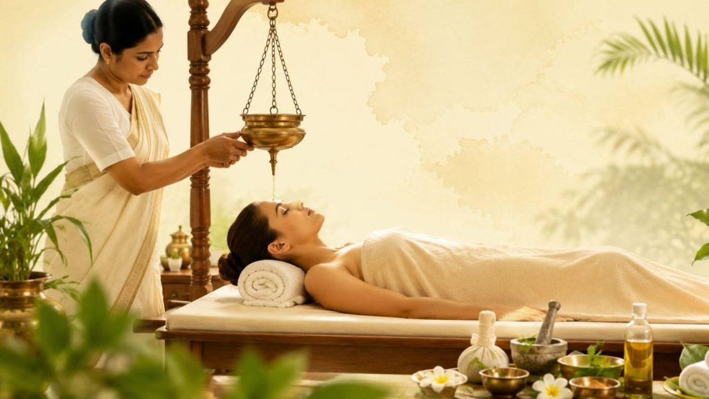 Kerala Ayurveda for France featuring an authentic Panchakarma therapy session at Authentic Healing Ashram in Kerala with a peaceful wellness setting.