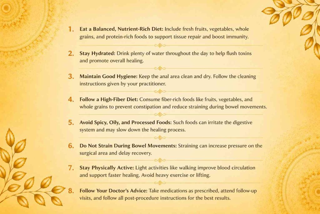 Lifestyle tips for better healing after Ksharasutra treatment including healthy diet, hydration, hygiene, fiber intake, exercise, and follow-up care