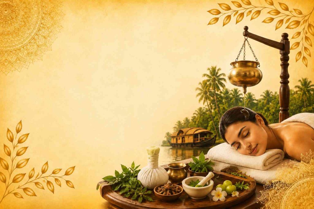 Authentic Kerala Ayurveda wellness therapy featuring Shirodhara treatment, herbal remedies, and a peaceful healing environment.