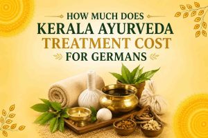 Illustration showing Kerala Ayurveda treatment cost for Germans with traditional Ayurvedic herbs, oil pot, massage pouch, towel, and wellness elements.