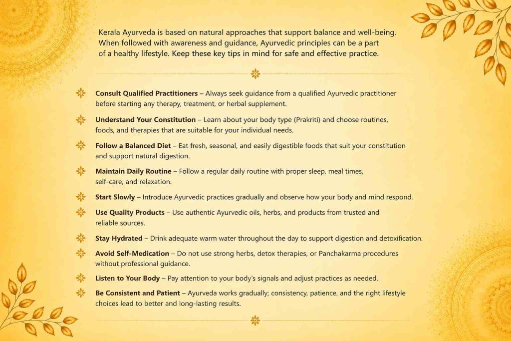 Safety tips for following Kerala Ayurvedic principles, including qualified guidance, balanced diet, daily routines, hydration, and quality products