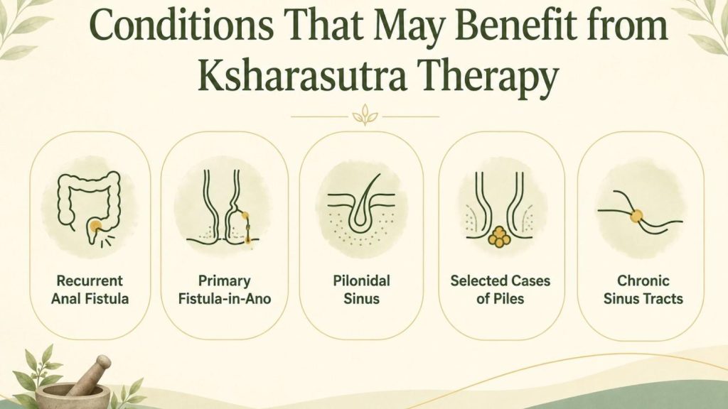 Is Ksharasutra Effective for Recurrent Fistula? infographic illustrating the anorectal conditions that may benefit from Ksharasutra therapy, including recurrent anal fistula, primary fistula-in-ano, pilonidal sinus, selected cases of piles, and chronic sinus tracts